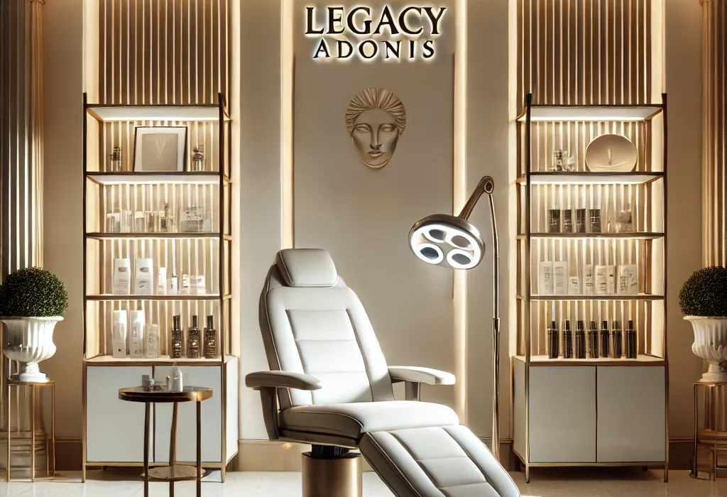 DALL·E 2025-01-03 16.21.09 - A sophisticated and luxurious aesthetic clinic setting for Legacy Adonis. The scene showcases a modern treatment chair in a sleek room with elegant de
